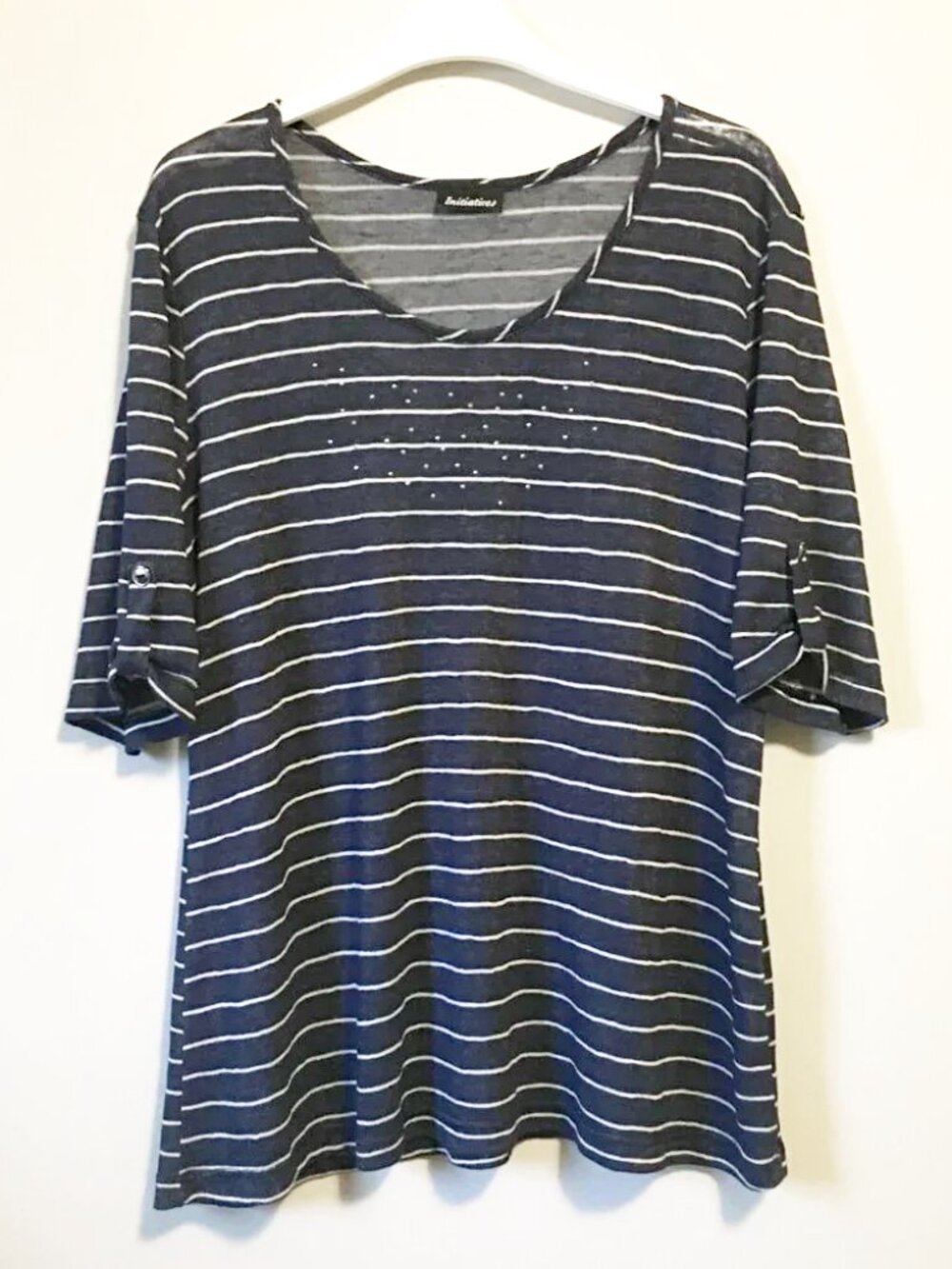 Initiatives Canadian Rhinestone Collar Distressed Striped Top Large